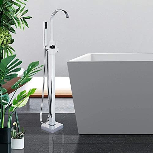 Robinet De Baignoire Sur Pied En Laiton Chromé Avec Douchette À Main, Bec De Remplissage Pivotant À 360°, Bouton Unique Monté Au Sol