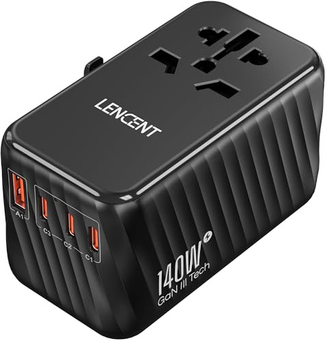 LENCENT 140W Universal Travel Adapter, International Plug Adaptor, GaN Fast Charger with 3 Type C+1 USB A, All in One Travel Essentials, Worldwide Outlet Converter for US to European EU UK AUS, Black