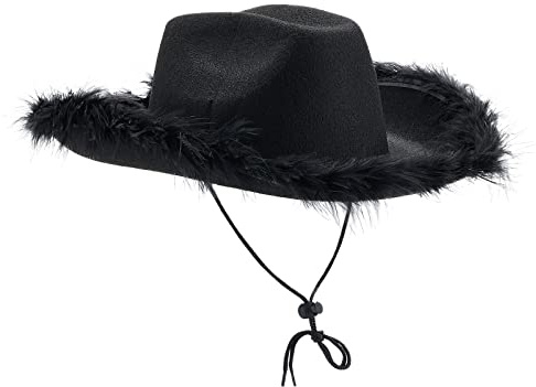 Fiacafyo Women Felt Fluffy Feather Trim Cowboy Hat Wide Brim Fancy Dress Party Cowgirl Hat Halloween Party Fancy Dress Up Cosplay