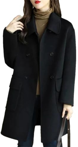 Manteau d'hiver en laine pour femme Manteaux en laine à double boutonnage Cachemire Manteau long, Noir , M