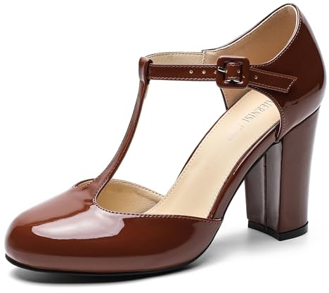 Women's T-Strap Block Chunky Heel Mary Jane Pumps Cut Out Wedding Dress Shoes, Patent Brown, 5.5 UK