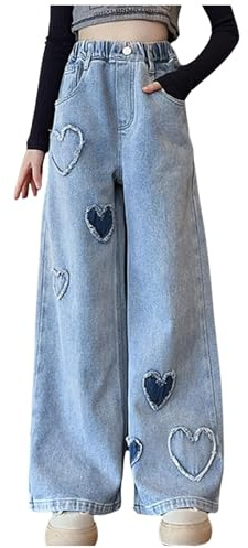 Generisch Jean pour fille - Taille haute - Jambe large - Denim déchiré - Mignon étoile - Pantalon cargo baggy décontracté - Look usé - Pantalon rétro - Joli jean déchiré, bleu, 12-14 ans