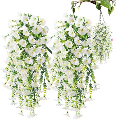 Flores Artificiales Colgantes Para Exteriores - 2 Petunias Artificiales Colgantes | Resistentes A Los Rayos UV Y A La Intemperie Flores Artificiales De Colores Para Decorar El Jardín De Casa (Bla-nco)