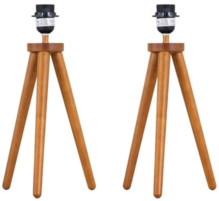 firstchoicelighting Set of 2 Wooden Tripod Table Lamps or Bedside Light Bases Only, Natural Dark Oak, Height 38cm, LED Compatible