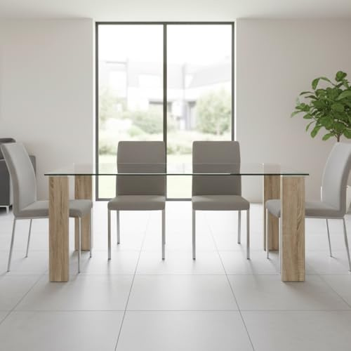 Yellowshop | Tavolo Rettangolare da Pranzo in Vetro temperato 12mm per Studio, Cucina, Soggiorno, Struttura in mdf con finitura Legno Nature, L140xP80xH75 ARLEY