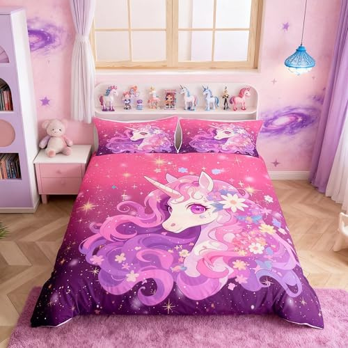 Homemissing Lindo juego de ropa de cama de unicornio rosa, 155 x 220 cm, para niñas, con diseño de caballo de ensueño, ropa de cama para niños, diseño floral con purpurina, funda de edredón suave
