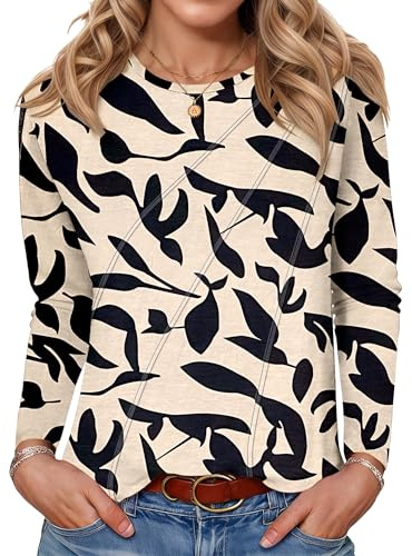 PLOKNRD T-Shirt à Manches Longues pour Femmes Col Rond Tunique Tops Décontracté Blouses Design Plissé Sweatshirt Léger Elegant Feuille Noire d'abricot S