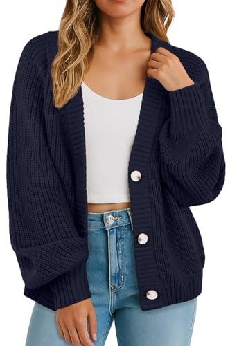 GRECERELLE Women's Cardigans Soft Long Sleeves Jumpers Ladies Knit V Neck Oversized Sweater Loose Chunky Cardigan with Buttons for Women UK,Autumn,Winter, Spring (Navy Blue, XL)
