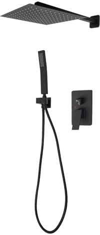 Set de ducha de lluvia para montaje en pared, 30 x 30 cm, color negro, sistema de ducha de lluvia, grifo mezclador para baño, alcachofa de ducha de mano