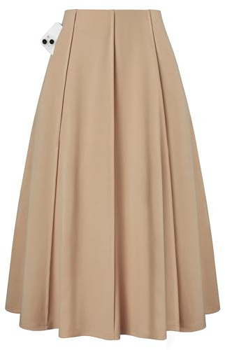 Kate Kasin Women Khaki A Line Midi Skirt Knee Length High Waisted Pleated Flare Skirts with Pockets 2026 Fall Casual Outfits