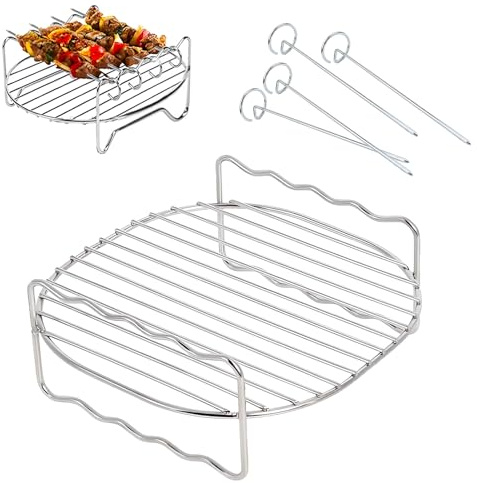 Air Fryer Rack, Stainless Steel Dual Airfryer Racks Compatible with Ninja 3.8L/Te-FAL 4.2L/Cos-ori 3.5L/Sa-lter 4.5L/to-wer 4L/Ph-ilips 4.1L Air Fryer Accessories, Grilling Rack with 4 Skewers