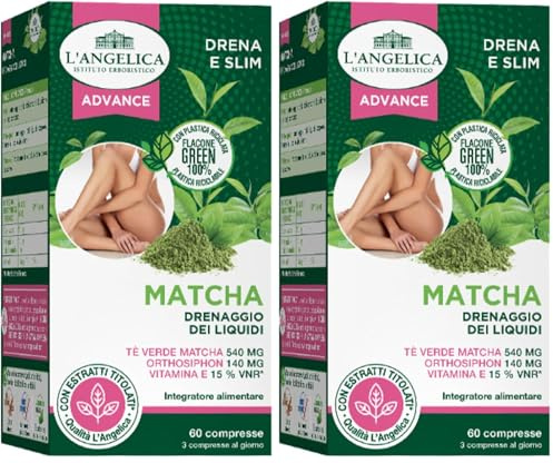 Angelica, Matcha, Integratore Drenante, Favorisce il Drenaggio dei Liquidi Corporei, Senza Lattosio, Senza Glutine, Vegan, Formato: 60 Compresse (Confezione da 2)