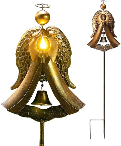 a LED per tomba, a energia solare, a forma di angelo, decorazione per esterni, in metallo bronzo, design con campanella, resistente alle intemperie, lampada commemorativa per cimiteri