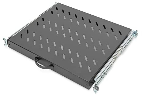 DIGITUS Ausziehbarer Fachboden - 19-Zoll - 1HE - Befestigung Vorne & Hinten - Traglast 25 kg - Für Netzwerkschänke & Serverschränke - Ab 600 mm Schranktiefe - Schwarz