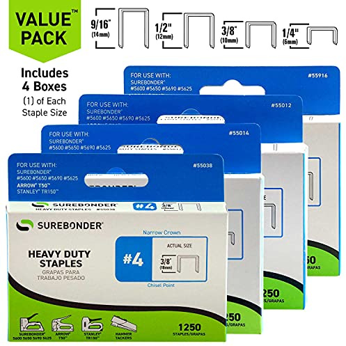Surebonder Heavy Duty Staples No. 4 Variety Pack | Includes 5,000 T50/TRIGGERFIRE Staples | 1/4-in, 3/8-in, 1/2-in, and 9/16-in (55999)