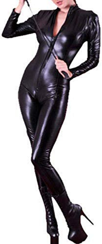 Forever Young Ladies Black 4 Way Zip PVC Spandex Shiny Catsuit Jumpsuit Costume Sexy (UK 14)