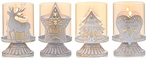 Sziqiqi 4er Set Vintage Kerzenleuchter Kerzenhalter Windlichthalter aus Metall für Stumpenkerzen, Hurricane Kerzenständer Dekoration für Party Weihnachten Tisch Mantel Kamin, Weiß