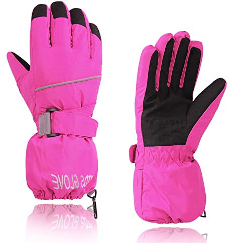Durio Kinder Ski Handschuhe Winter Skihandschuhe Winddicht Wasserdicht Warm Handschuhe Junge Mädchen Outdoor Sports Schneehandschuhe Rose 8-10 Jahre