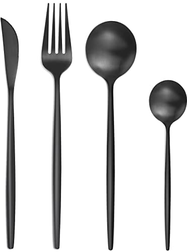 Matte Black Cutlery Sets 32 Pieces, Bestdin Elegant Stainless Steel Cutlery Set 32 Pieces, Kitchen Cutlery Set for 8, Suitable for Home/Party/Restaurant, Black Titanium Coating and Dishwasher Safe