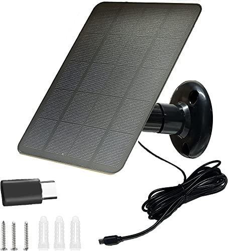 Panel Solar para Cámara de Seguridad, Panel Solar de 5W/5V para Cámara de Monitoreo con Puerto Micro USB y USB-C, Cargador Solar IP65 con Soporte Ajustable de 360° (Negra)