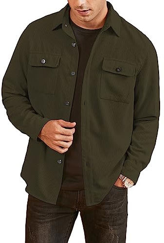 Elegancity Uomo Camicia in Velluto a Coste a Manica Lunga Casual Camicia Uomo Giacca Regular Fit Button Up Camicia Giacca con Tasca con Patta Verde，S