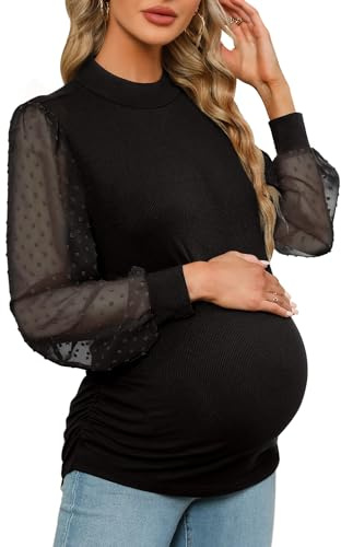 FMEYOA Women's Maternity Shirt Long Sleeve Top Swiss Dot Mock Neck Ribbed Knit Striped Ruched Side Blouse(Black,Large)