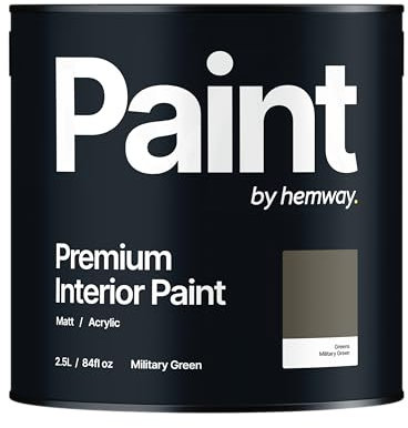 Hemway Military Green Paint 2.5 L, Indoor Matt Finish, One Coat, Wall Paint, Acrylic & Water-Based Emulsion, Quick Dry & High Coverage for the Kitchen, Bathroom & Bedroom Walls & Ceiling