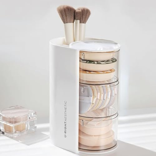 Siehpa3 Makeup Organizer Rotating Tower Storage Box with 15 Slots for Makeup Brushes, Eyeliner, Lipstick, Foundation, Powder Puff, etc. (White, 3 Layers)