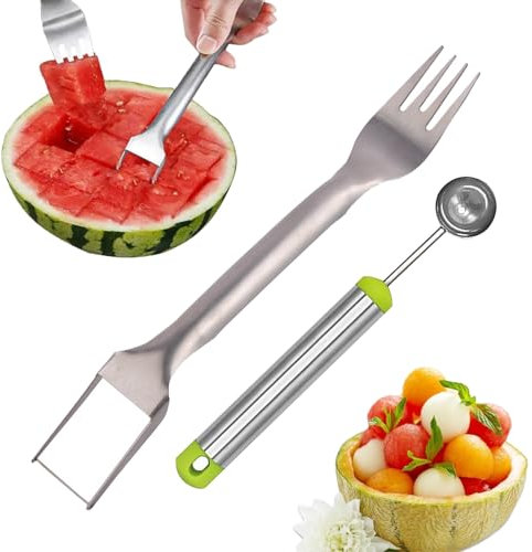 2-en-1 Fourchette à Pastèque Trancheuse Fourchettes à Fruits, Boules de Coupe de Melon en Acier Inoxydable, Outil de Sculpture de Fruits, Coupe Pasteque Couteau, Cuillère à Pomme, Crème Glacée