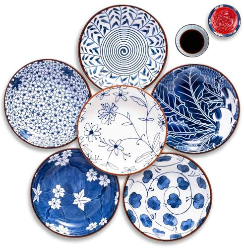 sinzau 6 cuencos de cerámica para salsas, platillos de cerámica, platos pequeños, apilables, mini cuencos para salsa de soja, para postres, sushi, aperitivos, soja, juego de 6 patrones