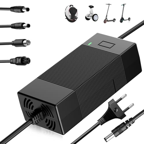 Shiptree 42V 3A Ladegerät für Scooter mit Lüfter, für 36V Batterie, Hoverboard Ladekabel mit 4 Anschlüssen, E Scooter Ladegerät - Kompatibel mit Ninebot, Xiaomi M365, M365 Pro, Pro2, Mi 3 und Mehr