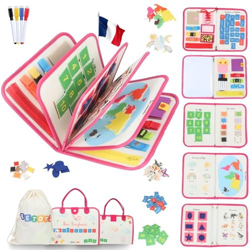 Betotz® - BusyBoard Montessori Français – Livre d’Activités Éducatif & Sensoriel – 2-6 Ans – 10 Pages Interactives – Montessori Authentique – Animaux, Formes, Lettres & Motricité (Rose)