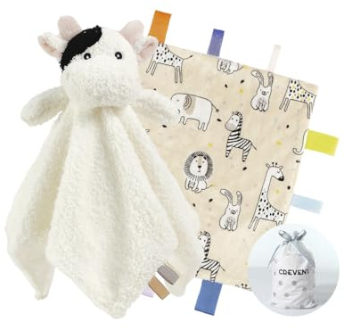 CREVENT Morbida coperta in peluche, per bambine e ragazzi, compleanno (mucca + etichetta)