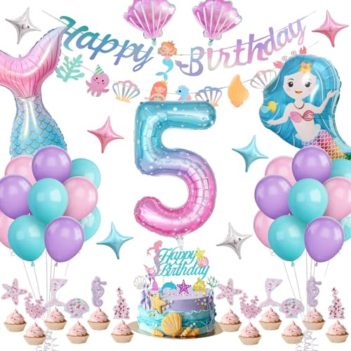 Sjöjungfrukalas födelsedagsdekoration 5 år, sjöjungfrukalas tema födelsedagsfeststillbehör med Happy Birthday-bannerset, tårttoppar och ballonger för födelsedagsdekoration flickor 5 år
