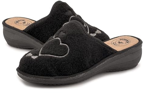 JOMIX Chaussons Femme Hiver Confortables Pantoufles à Talon Compensé en Feutre avec Cœurs Brodés Chauds Doux Maison Antidérapants Fabriqués en Italie
