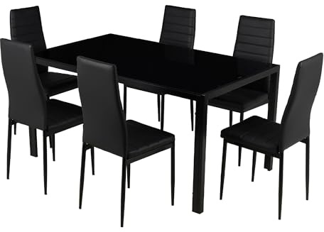 IlGruppone Set Sedie e Tavolo da Pranzo con Ripiano in Vetro Temperato e Sedia Imbottite in Similpelle Nera Design Moderno, 4 o 6 Posti Ideale per Cucina o Soggiorno - Nero - 6 Posti
