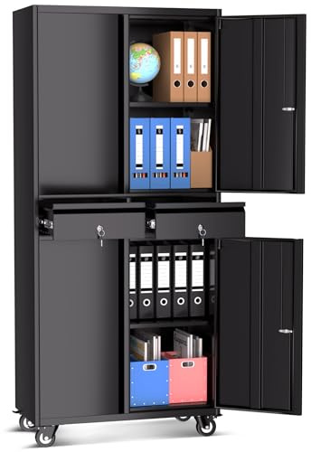 IDEALHOUSE 73'' Metal Storage Cabinet, Heavy Duty Garage Storage with Wheels, Locking Doors and 2 Drawers, Adjustable Shelves for Garage, Workshop, Office, Black