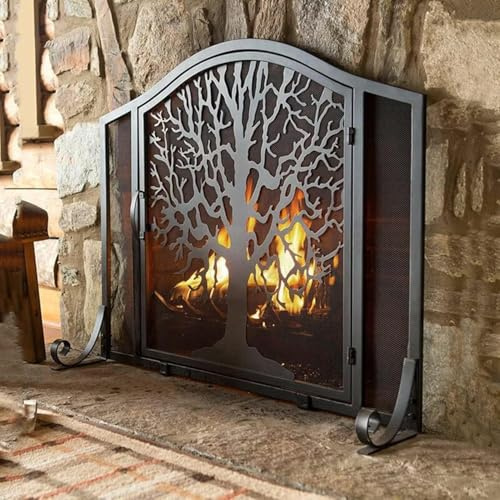Griglia parascintille in ferro battuto con porta, a forma di albero, realizzata a mano, per soggiorno