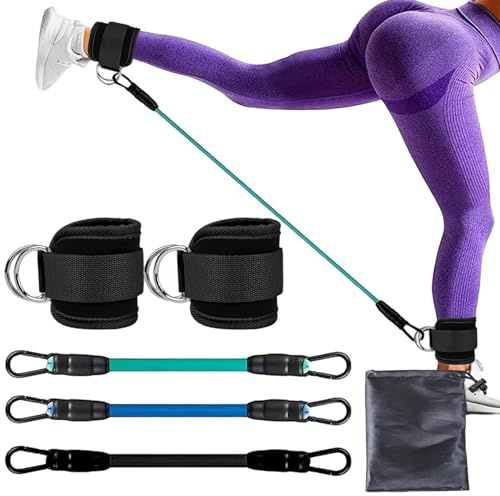 Bandas de Resistencia al Tobillo con puños, 5 Piezas/Juego, Correas elásticas y Transpirables para el Tobillo con Anillos en D, puños Ajustables, Equipo de Fitness para Mujeres y Hombres, Ejercicio e