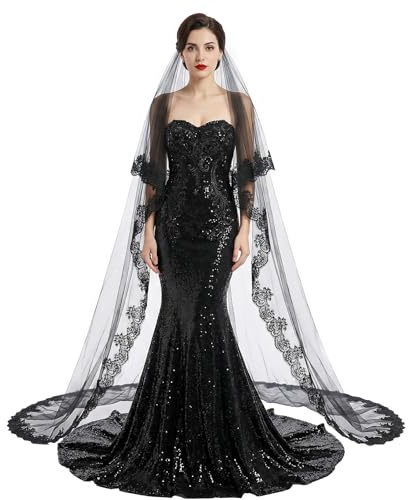 Josojoou Voile noir pour mariée - Long tulle noir - Avec bordure florale - Dentelle d'Halloween - Accessoire gothique pour mariage, bal de fin d'année, sorcière, costume de vampire - Cosplay