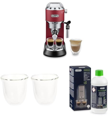 De'Longhi Dedica EC 685.R Portafiltro de espresso, rojo + vaso de espresso aislado, juego de 2 + descalcificador | Eliminador de cal universal para 4 procesos de descalcificación