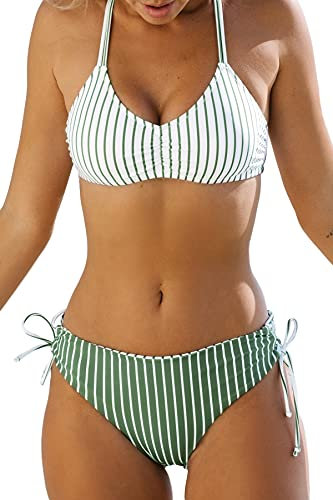 CUPSHE Damen Bikini Set mit Geflochtenen Trägern Streifen Bademode Reversible Bikinihose Zweiteiliger Badeanzug Mintgrün L