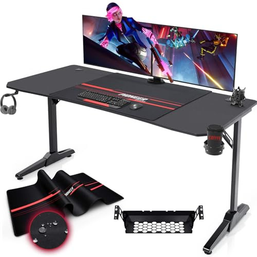 Devoko Scrivania Gaming 140 x 60 cm, Tavolo Gaming Ergonomica, Postazione con Piano del Tavolo in Fibra di Carbonio, Scrivania per Computer con Porta Bicchiere e Ganci per Cuffie, Nero