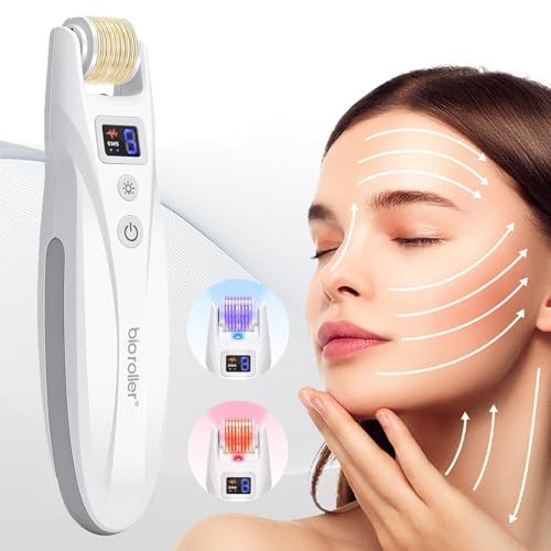 Bio Roller Microneedles Professional Kit, EMS Microneedle Roller Derma Stamp con 2 Luces LED, Dermaroller para Arrugas Estiramiento Cicatriz Pérdida de Cabello Cuidado de la Piel