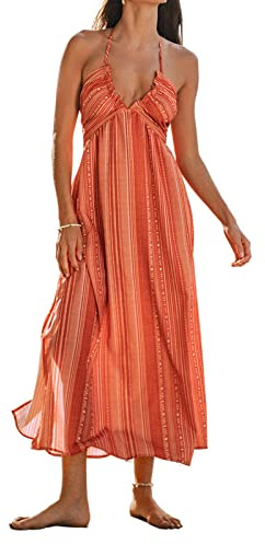 CUPSHE Women's Backless Beach Dress Halter Neck Ruffle Plunge V Neck Sleeveless Maxi Sundress Summer Dresses, Blush M