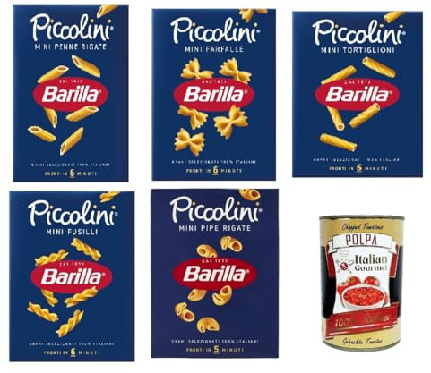 Barilla Piccolini Pasta Testpaket -MINI - FUSILLI - FARFALLE - PENNE - PIPE - TORTIGLIONI 5x 500g + Italian Gourmet polpa 400g
