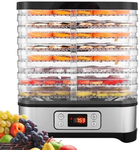 COOCHEER Déshydrateur automatique en acier inoxydable avec 8 compartiments, minuterie et réglage de la température de 35 à 70 °C, sèche-fruits, déshydrateur, sans BPA, argent
