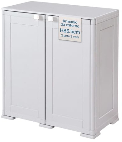Tomaino - Armadietto Portascope per Esterno con 2 Ante e 3 Vani - Mobile da Esterno Balcone, Giardino, Garage - Armadio Portascope da Esterno SIMPLEX Grigio