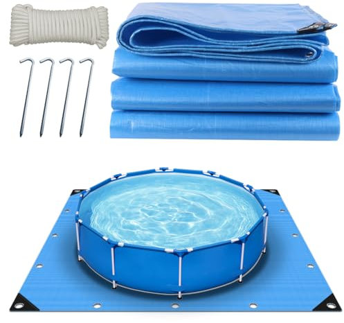 Roadtime Telone per piscina, 120 g/m², ispessito, quadrato, con 4 ganci e corda di nylon da 20 m, base per piscina con fori, telo impermeabile e antistrappo (4,5 x 4,5 m, blu)
