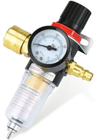 Riduttore di Pressione Aria Compressa, Unità di Mantenimento Aria Compressa 1/4 con Separatore D'acqua, Regolatore di Pressione del Compressore, Attacco Rapido, con 2 Connettori, 2 Fascette(Nero)